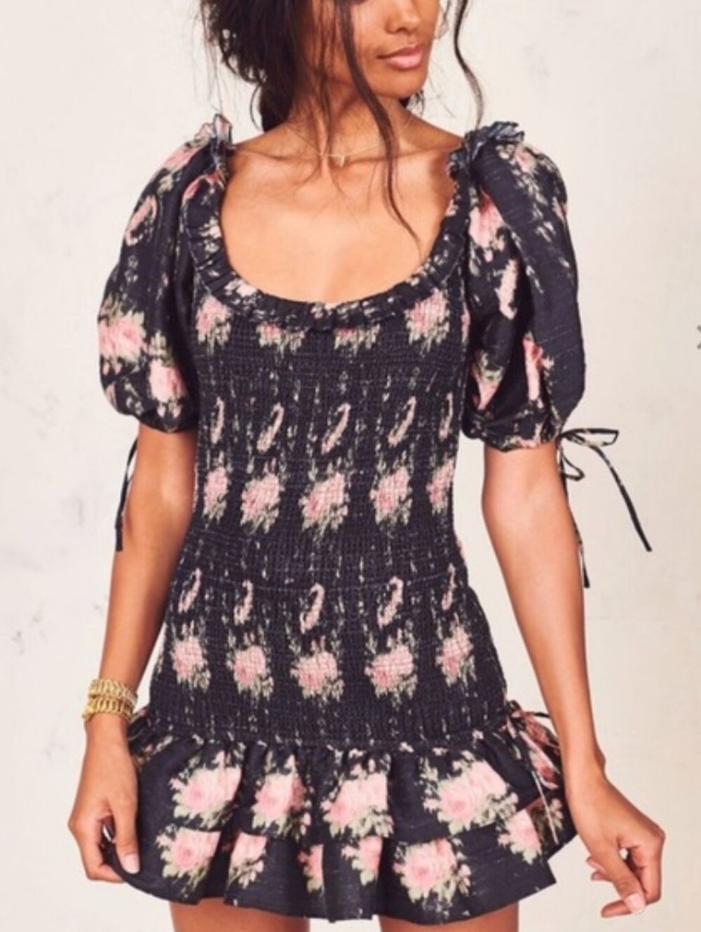 LoveShackFancy Women's Black Floral Smocked 100% Silk Boho Mini Dress Sz L - Picture 2 of 13